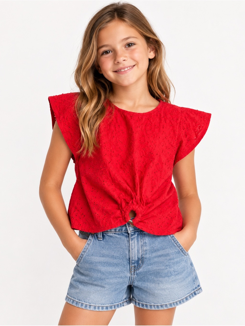 Zara Red Eyelet Blouse with Ring Detail - Size 9